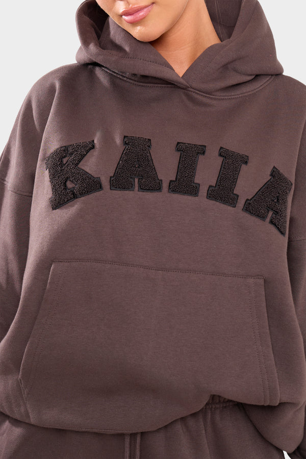 Kaiia Borg Slogan Oversized Hoodie Chocolate