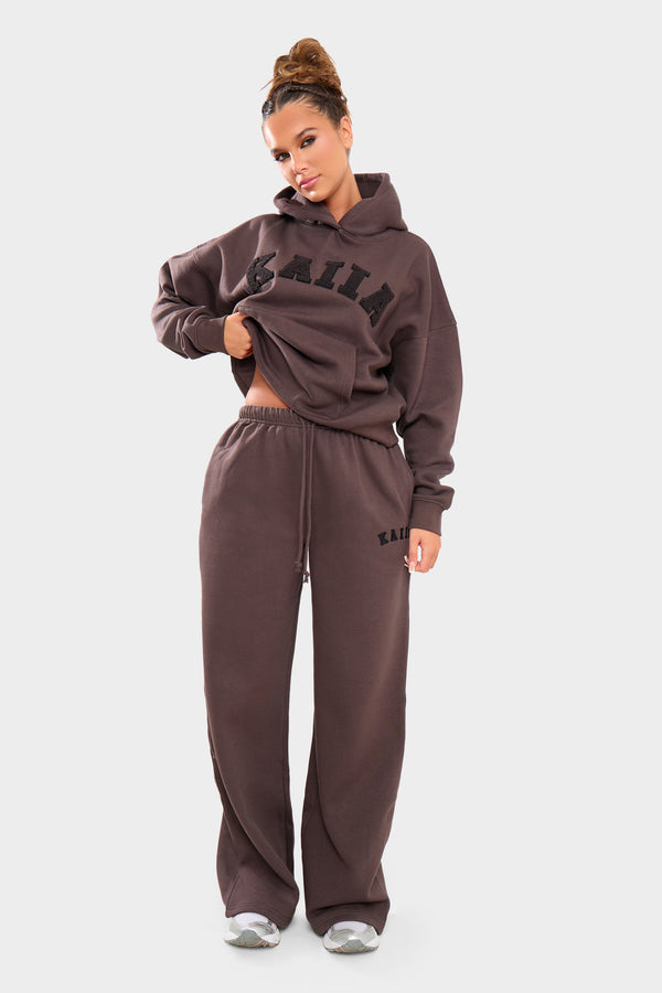 Kaiia Borg Slogan Oversized Hoodie Chocolate