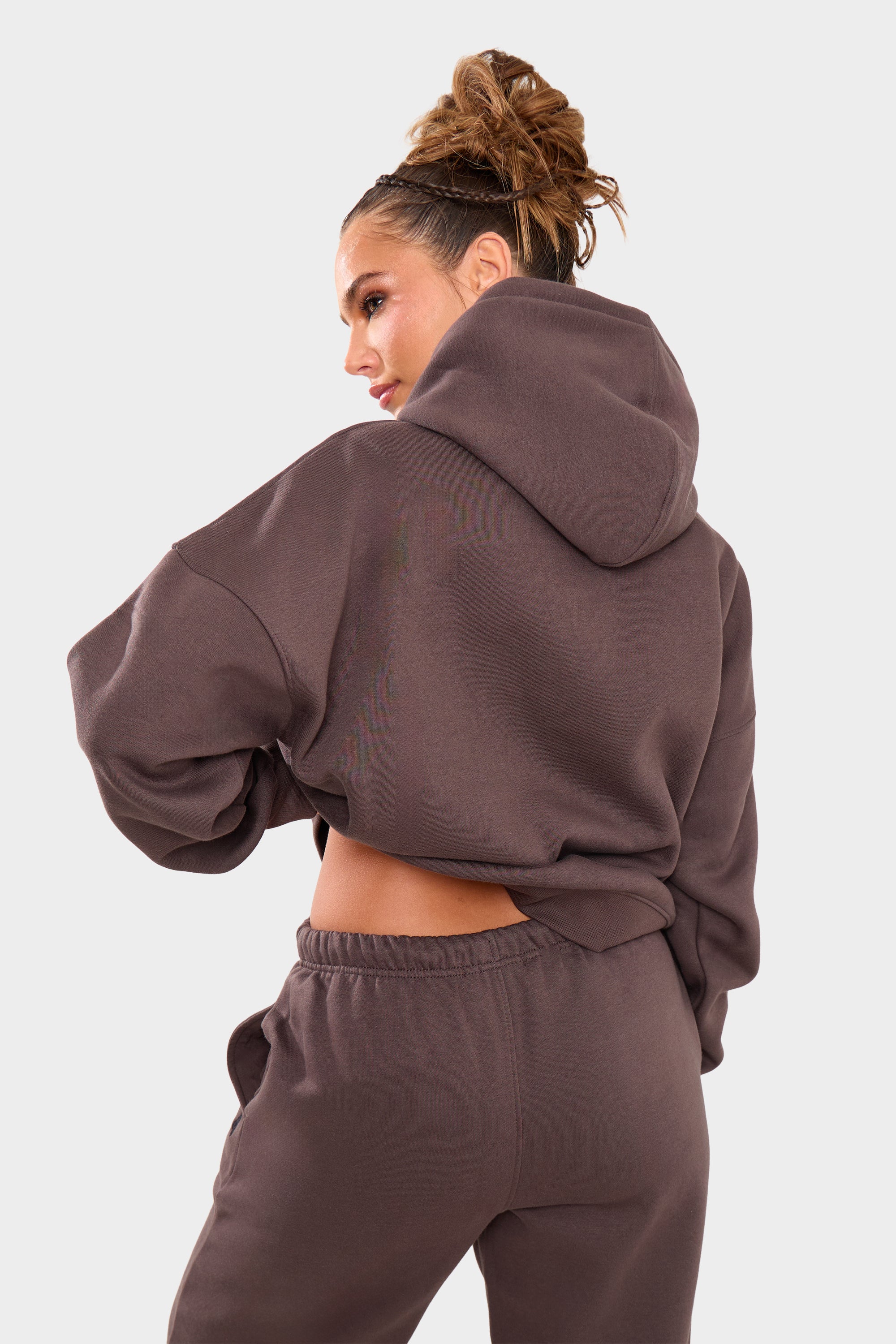 Kaiia Borg Slogan Oversized Hoodie Chocolate | Kaiia