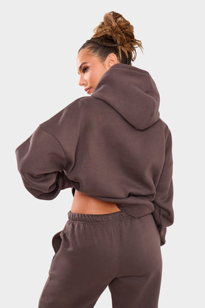 Kaiia Borg Slogan Oversized Hoodie Chocolate