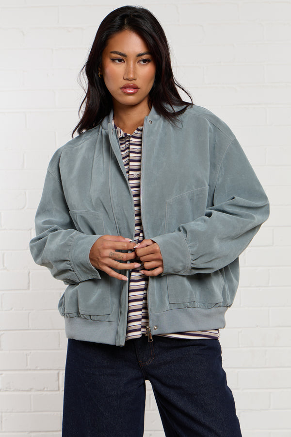 Kaiia Faux Suede Bomber Jacket Baby Blue