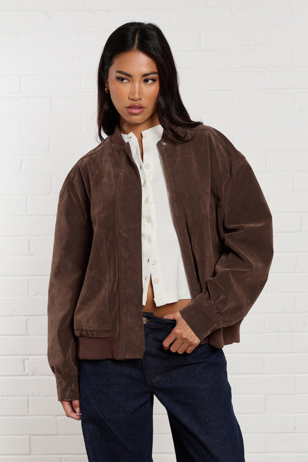 Kaiia Faux Suede Bomber Jacket Brown