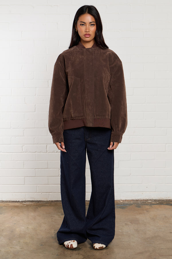 Kaiia Faux Suede Bomber Jacket Brown