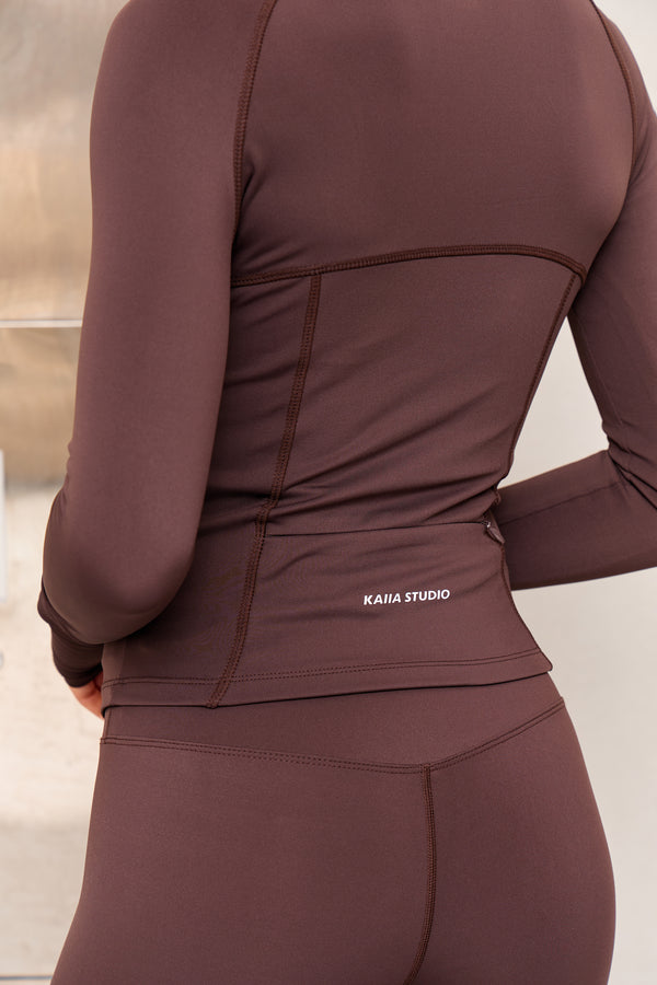 Kaiia Sculpt Long Sleeve Zip Through Fitted Jacket Bitter Chocolate