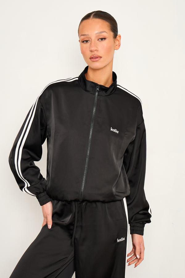 Kaiia Satin Side Stripe Zip Up Jacket Black & White