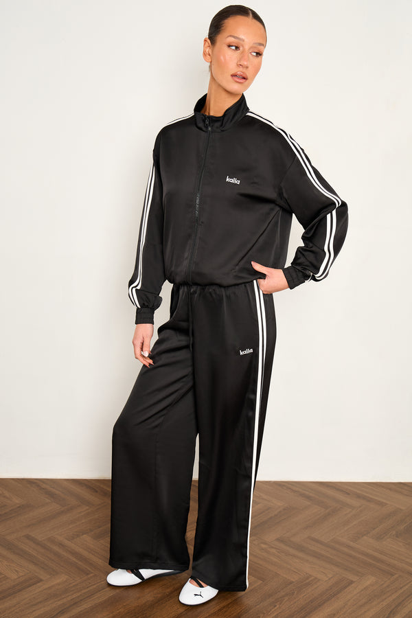 Kaiia Satin Side Stripe Zip Up Jacket Black & White