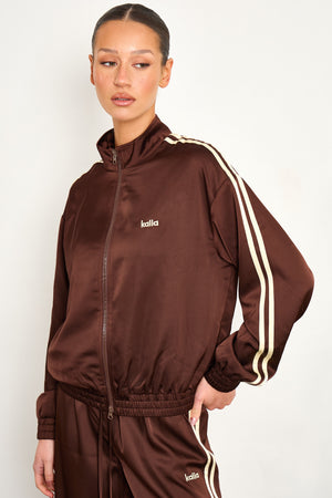 Kaiia Satin Side Stripe Zip Up Jacket Cocoa Brown & Lemon