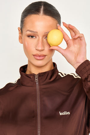 Kaiia Satin Side Stripe Zip Up Jacket Cocoa Brown & Lemon