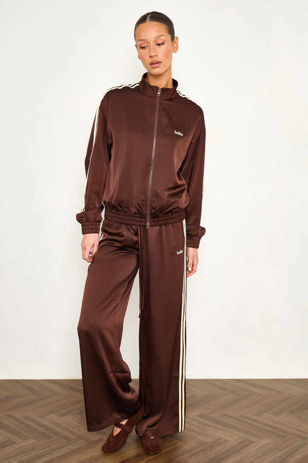 Kaiia Satin Side Stripe Zip Up Jacket Cocoa Brown & Lemon