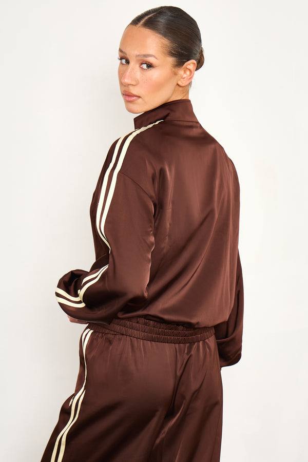 Kaiia Satin Side Stripe Zip Up Jacket Cocoa Brown & Lemon