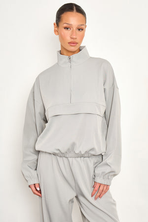 Kaiia Woven Funnel Neck Quarter Zip Jacket Grey Blue