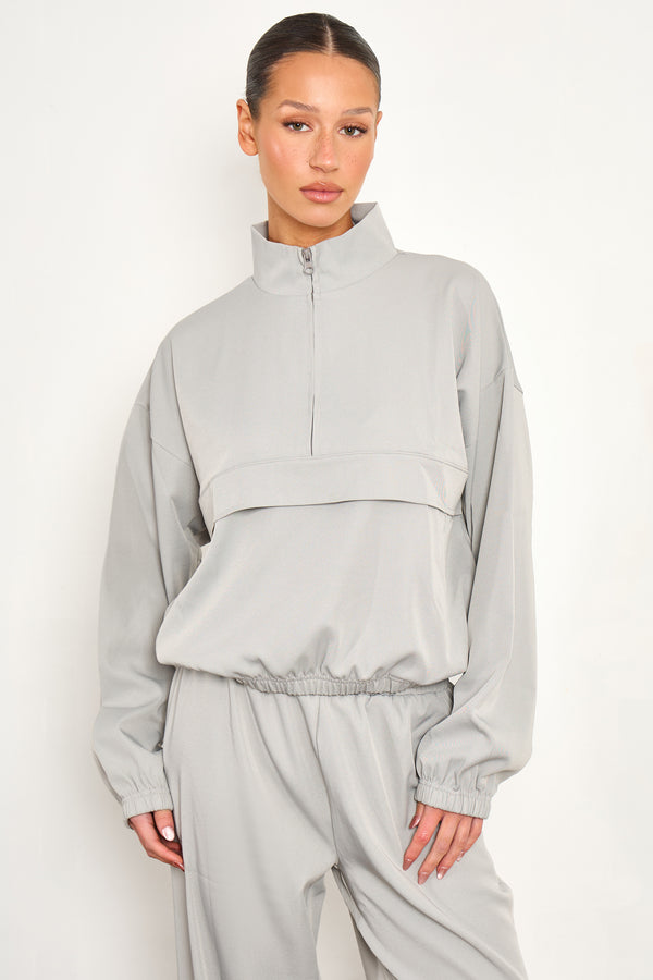 Kaiia Woven Funnel Neck Quarter Zip Jacket Grey Blue
