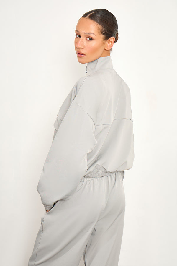 Kaiia Woven Funnel Neck Quarter Zip Jacket Grey Blue