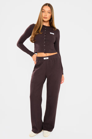 Kaiia Label Logo Premium Interlock Seam Detail Wide Leg Joggers Dark Brown