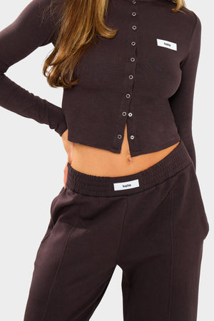 Kaiia Label Logo Premium Interlock Seam Detail Wide Leg Joggers Dark Brown