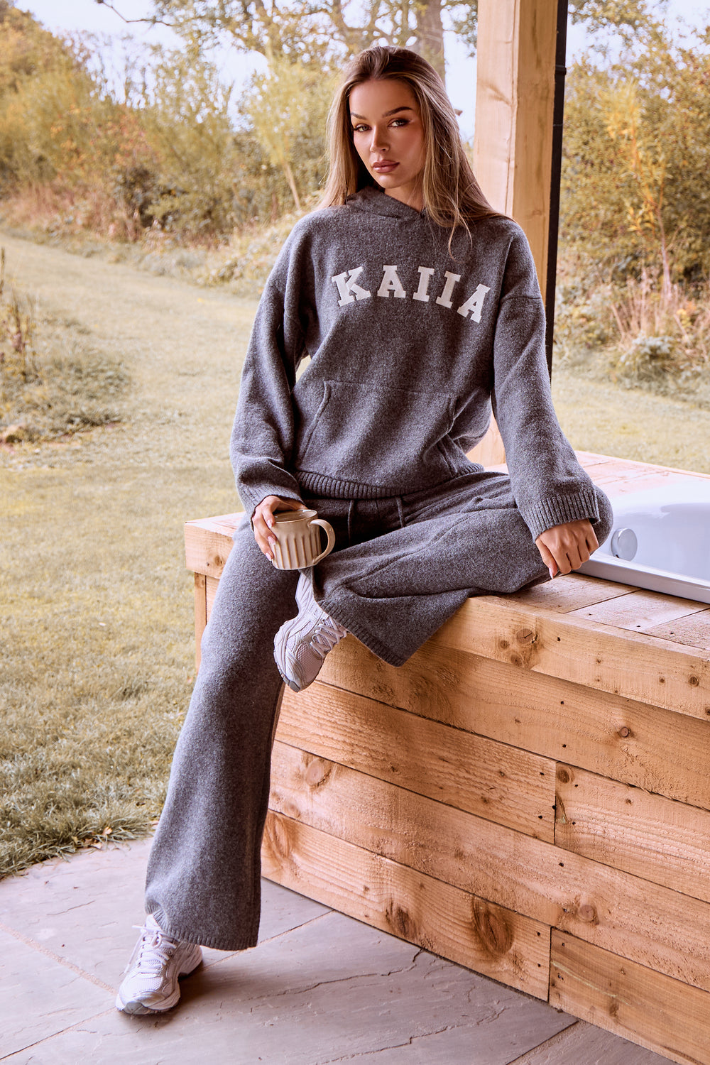 Kaiia Logo Knit Wide Leg Trousers Charcoal