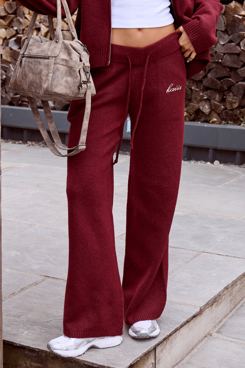Kaiia Script Knit Wide Leg Trousers Burgundy