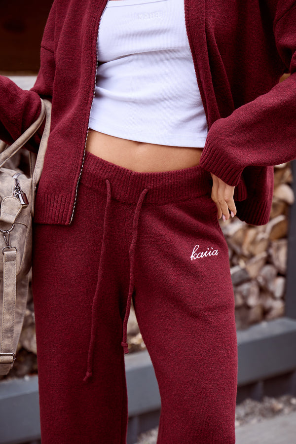 Kaiia Knit Wide Leg Trousers Burgundy
