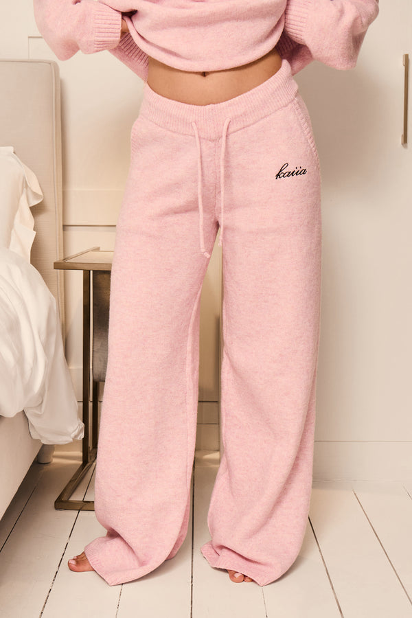 Kaiia Knit Drawstring Wide Leg Trousers Baby Pink