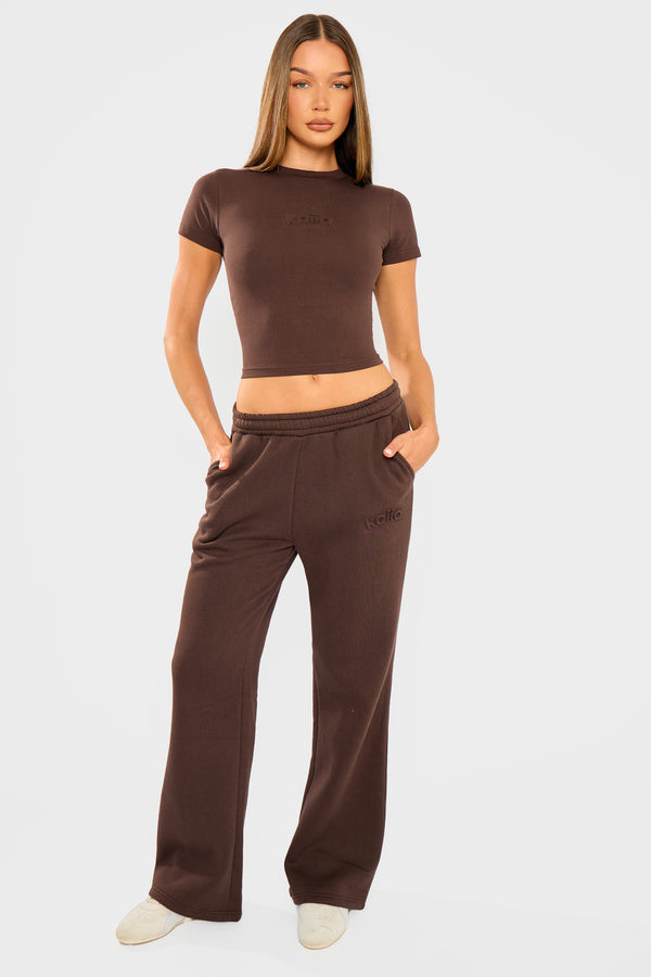 Kaiia Embossed Wide Leg Joggers Bitter Chocolate