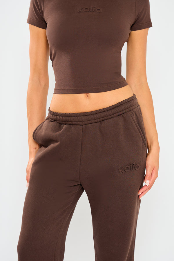 Kaiia Embossed Wide Leg Joggers Bitter Chocolate