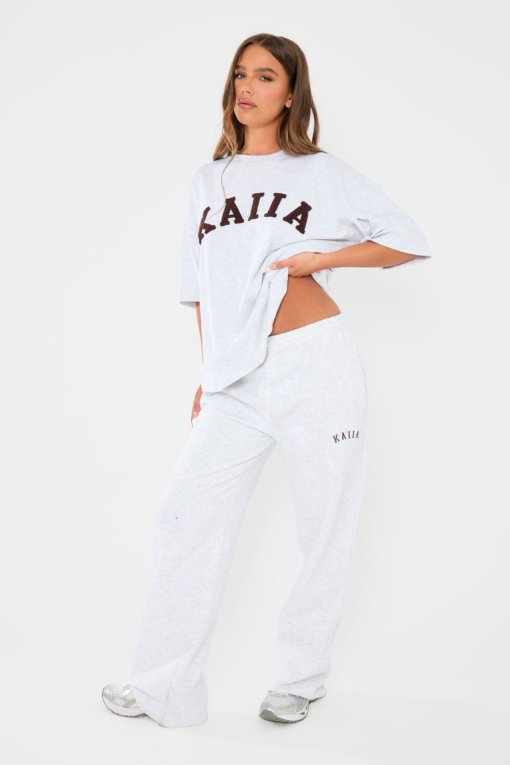 Kaiia Logo Wide Leg Joggers Light Grey Marl & Dark Brown