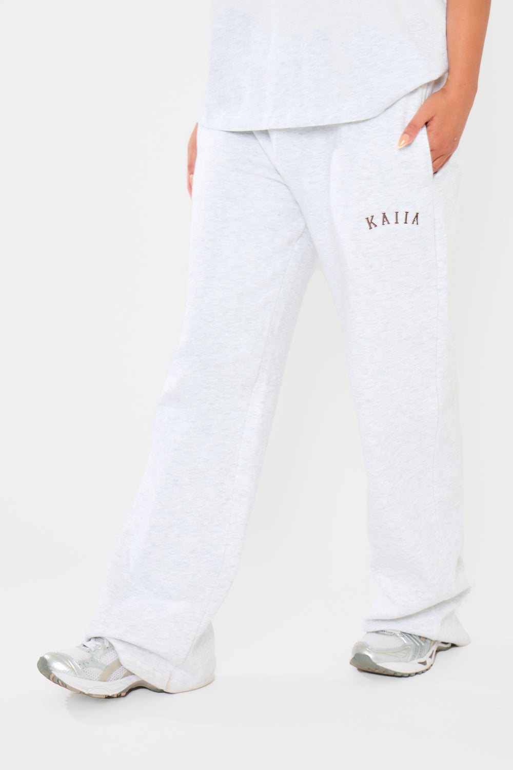 Kaiia Logo Wide Leg Joggers Light Grey Marl & Dark Brown
