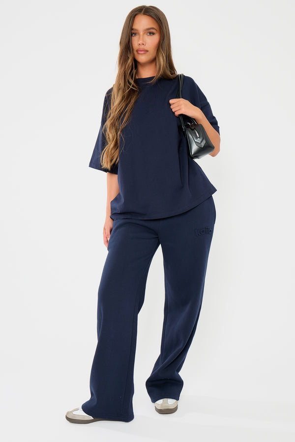 Kaiia Embossed Logo Straight Wide Leg Joggers Navy