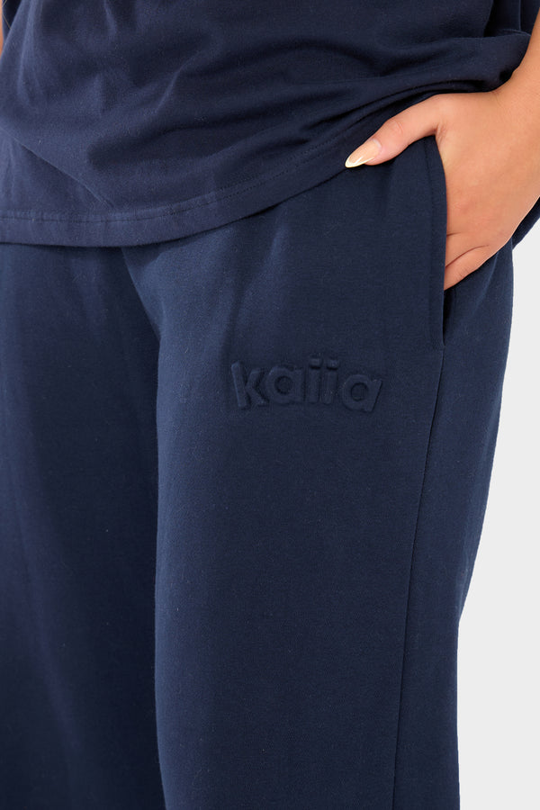 Kaiia Embossed Logo Straight Wide Leg Joggers Navy