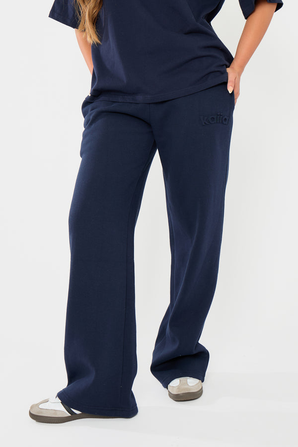 Kaiia Embossed Logo Straight Wide Leg Joggers Navy