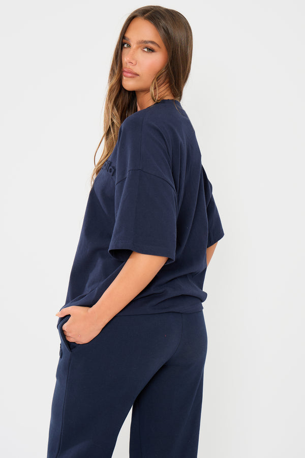 Kaiia Embossed Logo Oversized T-shirt Navy