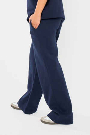 Kaiia Embossed Logo Straight Wide Leg Joggers Navy