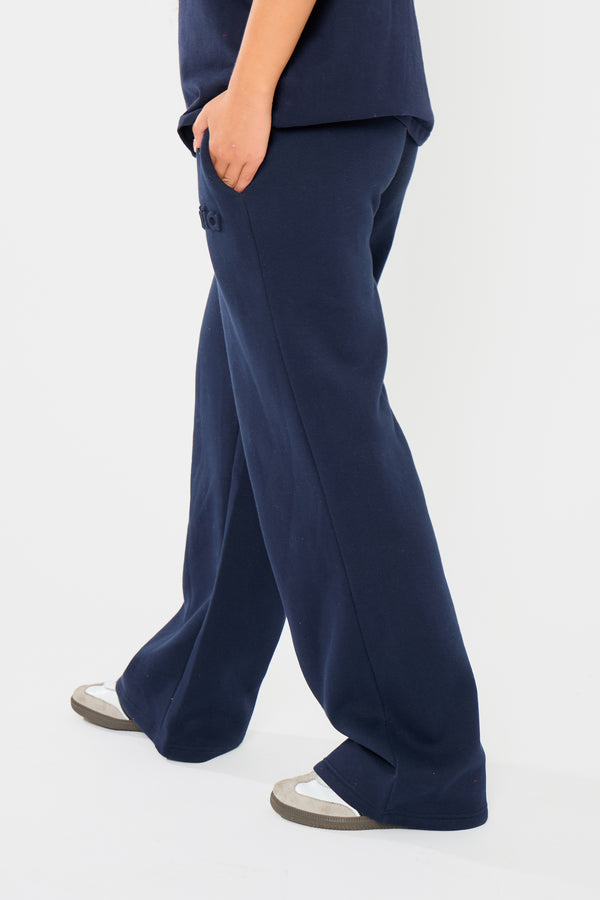 Kaiia Embossed Logo Straight Wide Leg Joggers Navy