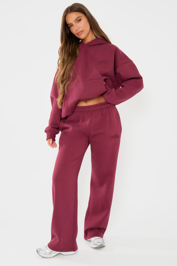 Kaiia Embossed Logo Wide Leg Joggers Dark Cherry