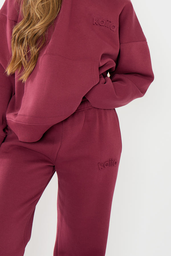 Kaiia Embossed Logo Wide Leg Joggers Dark Cherry