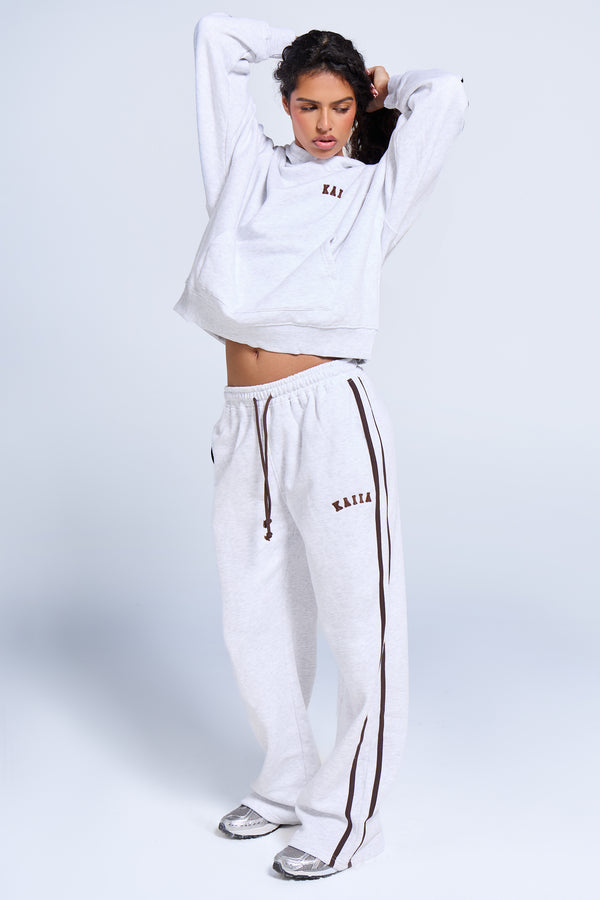 Kaiia Logo Side Stripe Wide Leg Joggers Light Grey Marl & Brown