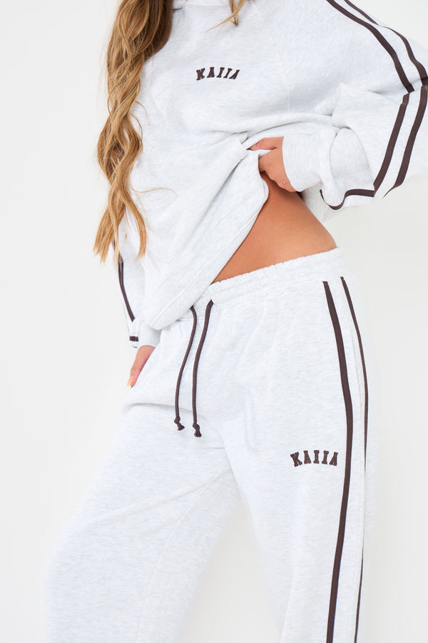 Kaiia Logo Side Stripe Wide Leg Joggers Light Grey Marl & Brown