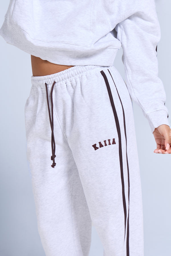 Kaiia Logo Side Stripe Wide Leg Joggers Light Grey Marl & Brown