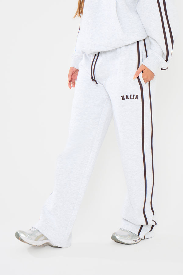 Kaiia Logo Side Stripe Wide Leg Joggers Light Grey Marl & Brown