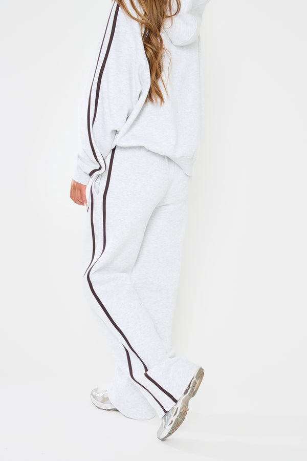 Kaiia Logo Side Stripe Wide Leg Joggers Light Grey Marl & Brown
