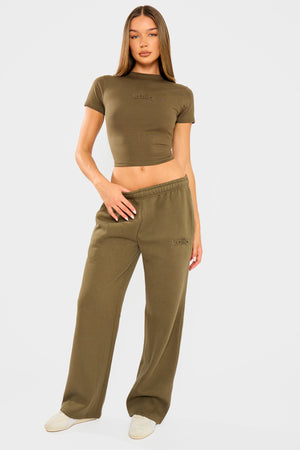 Kaiia Embossed Wide Leg Joggers Olive