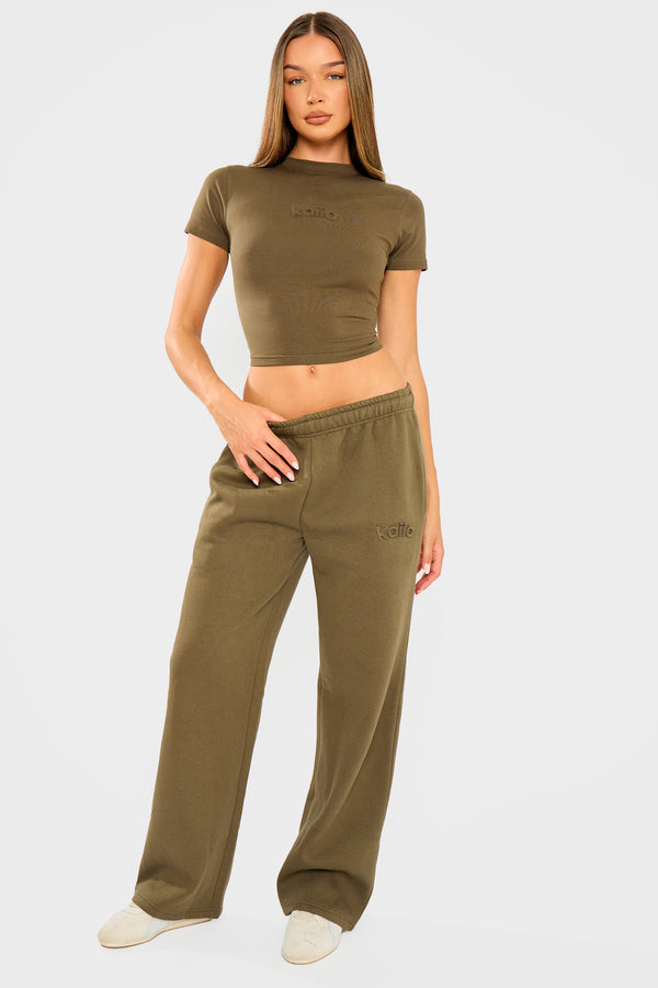 Kaiia Embossed Wide Leg Joggers Olive
