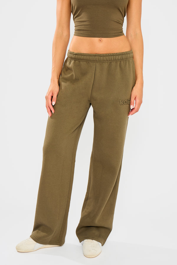 Kaiia Embossed Wide Leg Joggers Olive