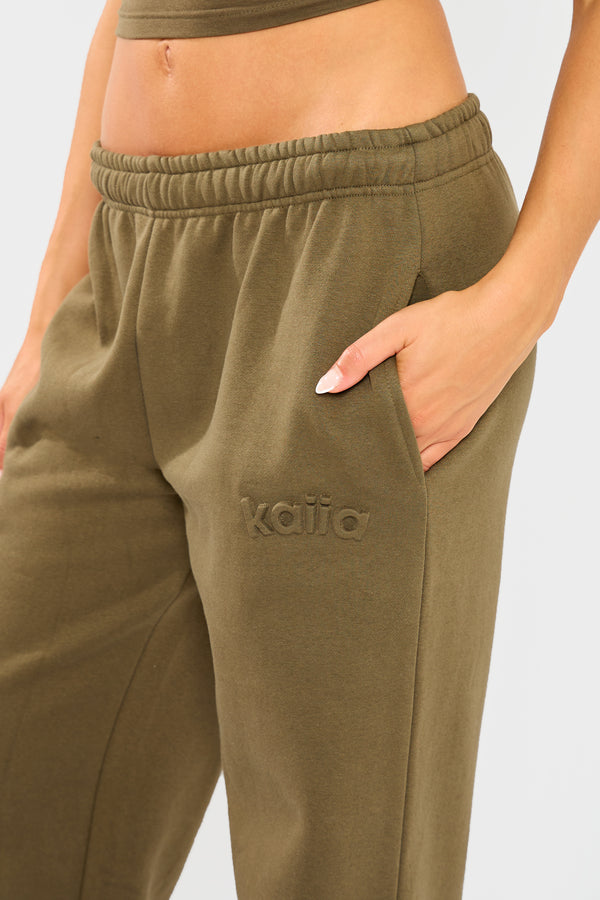 Kaiia Embossed Wide Leg Joggers Olive