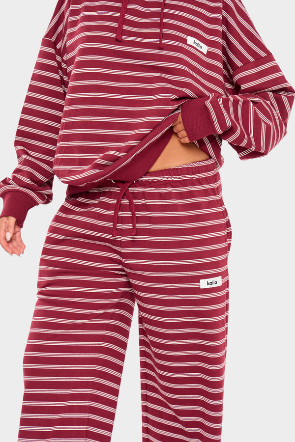 Kaiia Striped Wide Leg Joggers Burgundy & Cream