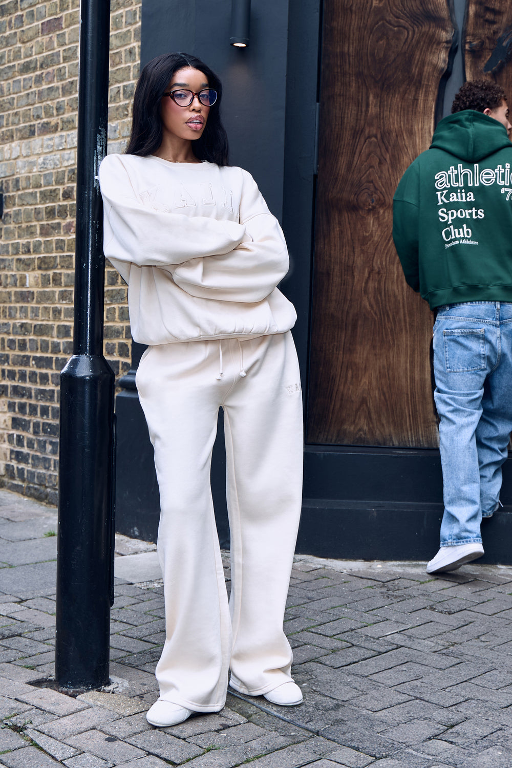 Kaiia Ribbed Waistband Wide Leg Joggers Warm Cream