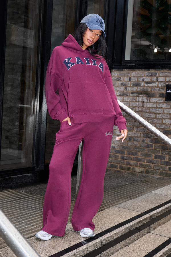 Kaiia Slogan Wide Leg Joggers Burgundy & Navy