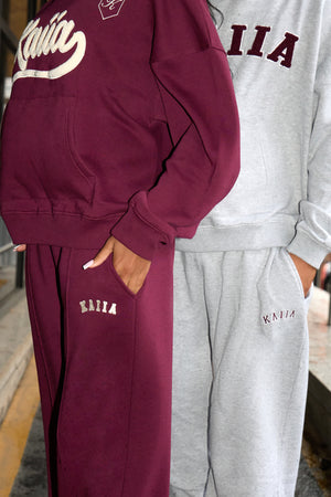 Kaiia Slogan Seam Detail Wide Leg Joggers Burgundy & Cream