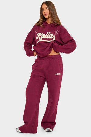 Kaiia Slogan Seam Detail Wide Leg Joggers Burgundy & Cream