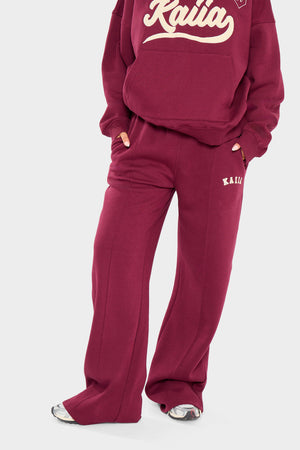 Kaiia Slogan Seam Detail Wide Leg Joggers Burgundy & Cream